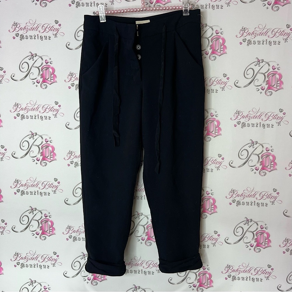 Wilfred Black Cropped Trousers buttons tie up belt ribbon